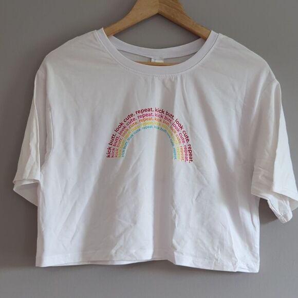 Fabletics White Crop Top with Rainbow Text - Picture 1 of 3